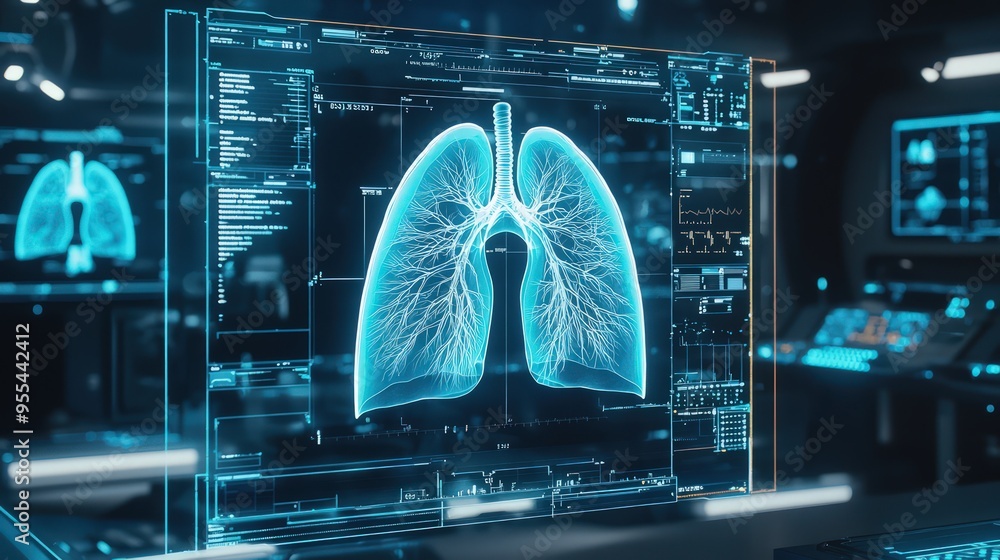 Holographic 3D lung scan in a futuristic lab highlighting advanced healthcare. Holographic 3D lung scan in a futuristic lab highlighting advanced healthcare.