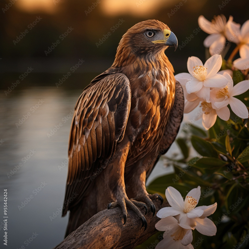 Fototapeta premium A single majestic eagle perches proudly at the very top of a tall tree, its powerful presence commanding attention. The eagle’s sharp eyes and commanding beak are prominently displayed, while its feat