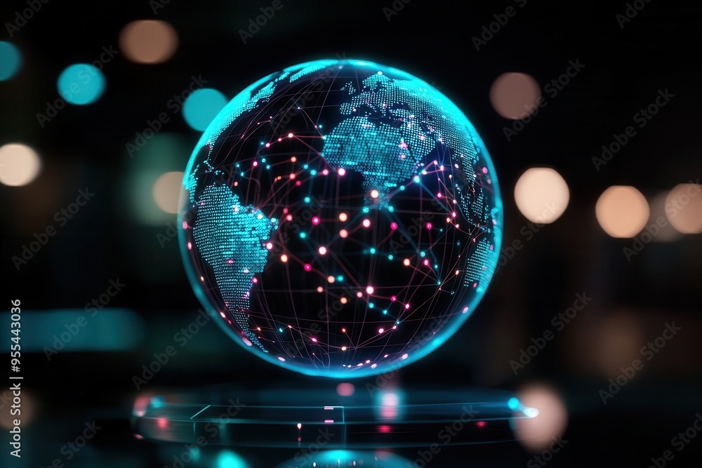 A glowing digital globe showcasing a network of connections, representing global communication and technological advancement. A glowing digital globe showcasing a network of connections, representing global communication and technological advancement.
