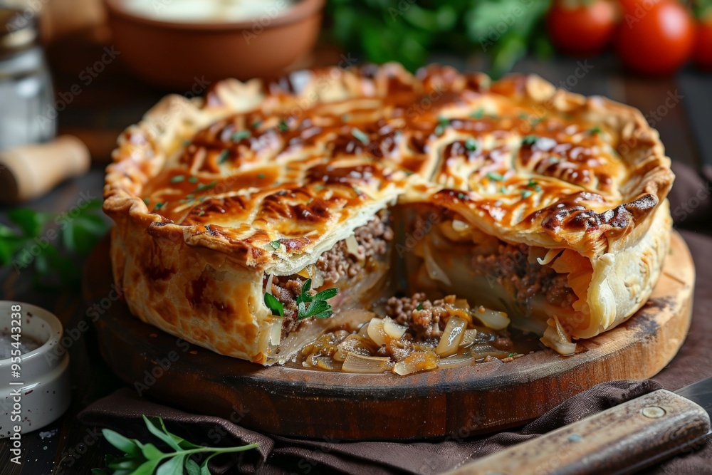 Golden-brown beef strudel filled with a rich, savory meat mixture, baked to perfection in flaky puff pastry, served on a rustic wooden board. Golden-brown beef strudel filled with a rich, savory meat mixture, baked to perfection in flaky puff pastry, served on a rustic wooden board.