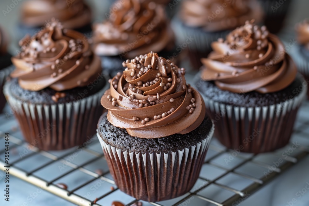 Decadent chocolate cupcakes with swirls of creamy chocolate frosting, beautifully displayed on a white cake stand in a cozy kitchen setting. Decadent chocolate cupcakes with swirls of creamy chocolate frosting, beautifully displayed on a white cake stand in a cozy kitchen setting.