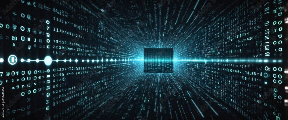 An abstract digital background with binary code and AI algorithms running in the background An abstract digital background with binary code and AI algorithms running in the background