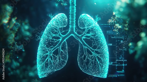 Human Respiratory System Animation: 3D lungs and bronchial tree visualization with futuristic HUD.