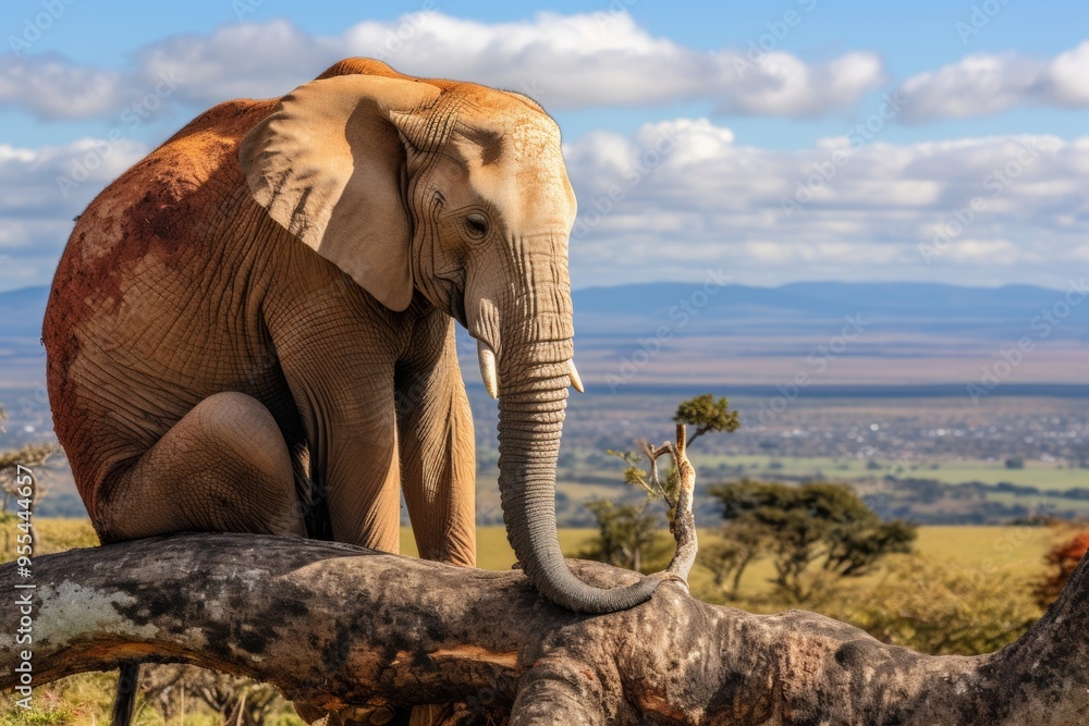 Obraz premium Lonely elephant perched on a tree, thoughtfully gazing at the breathtaking landscape below