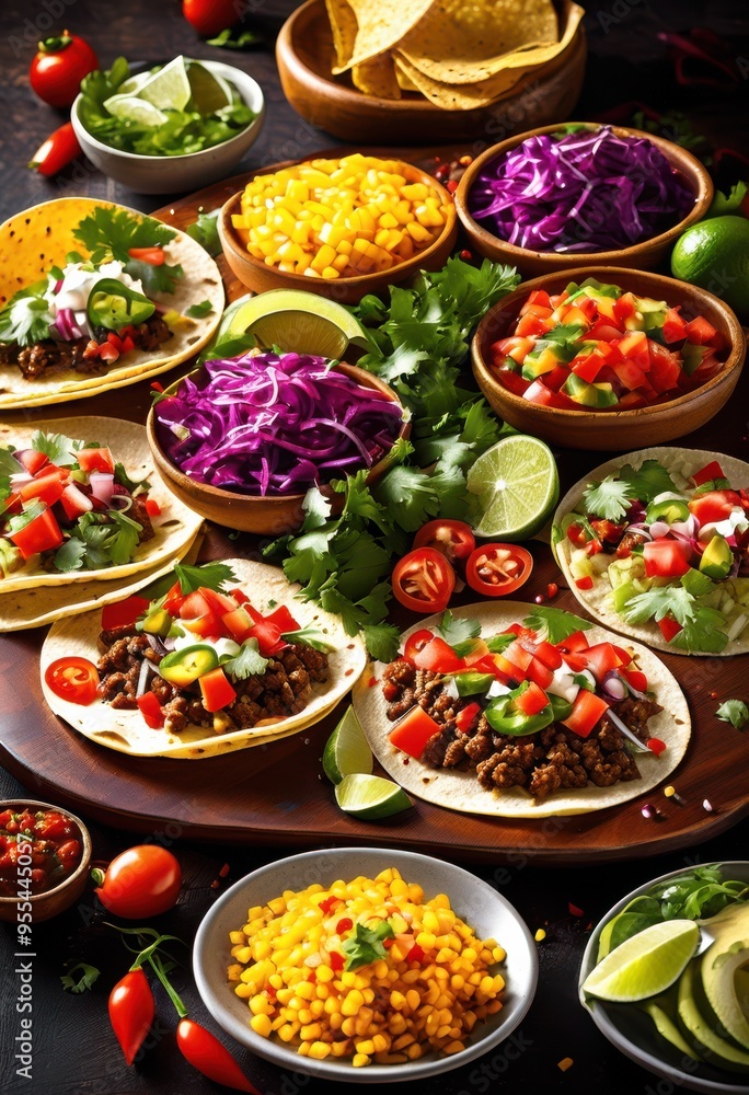 colorful taco platter displaying fresh ingredients including garnishes attractive arrangement, vegetables, salsa, guacamole, cilantro, lime, onion, tomato colorful taco platter displaying fresh ingredients including garnishes attractive arrangement, vegetables, salsa, guacamole, cilantro, lime, onion, tomato