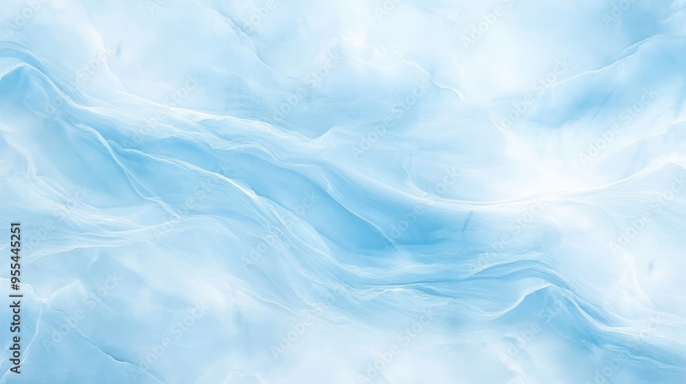 The image is a blue and white background with a wave pattern