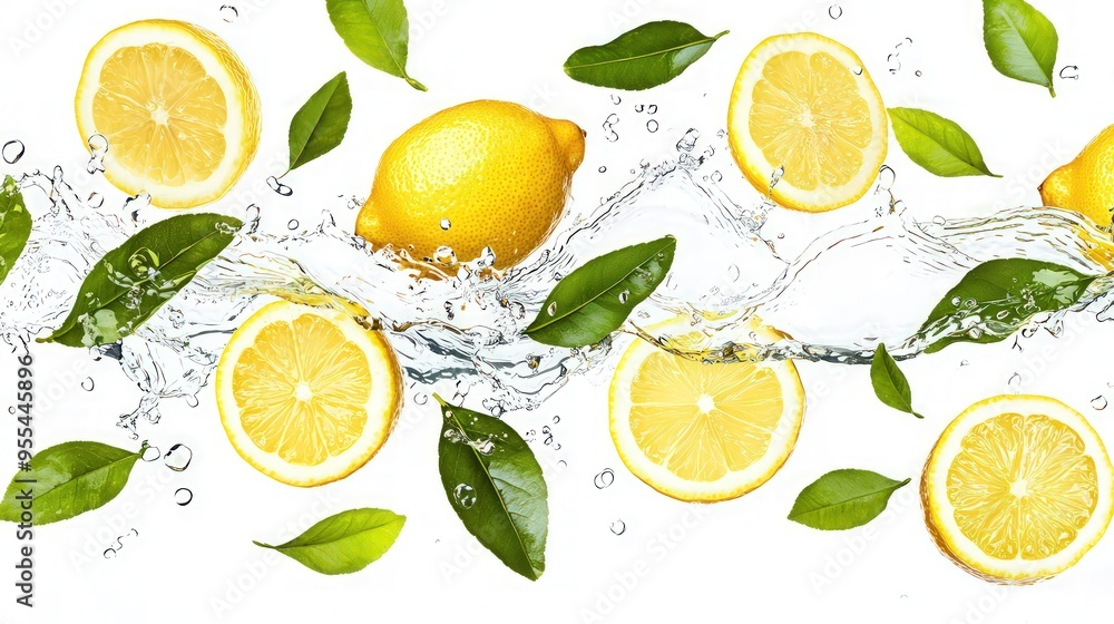Isolated lemon water splash on a white background, featuring lemon slices, leaves, and a water wave. Isolated lemon water splash on a white background, featuring lemon slices, leaves, and a water wave.