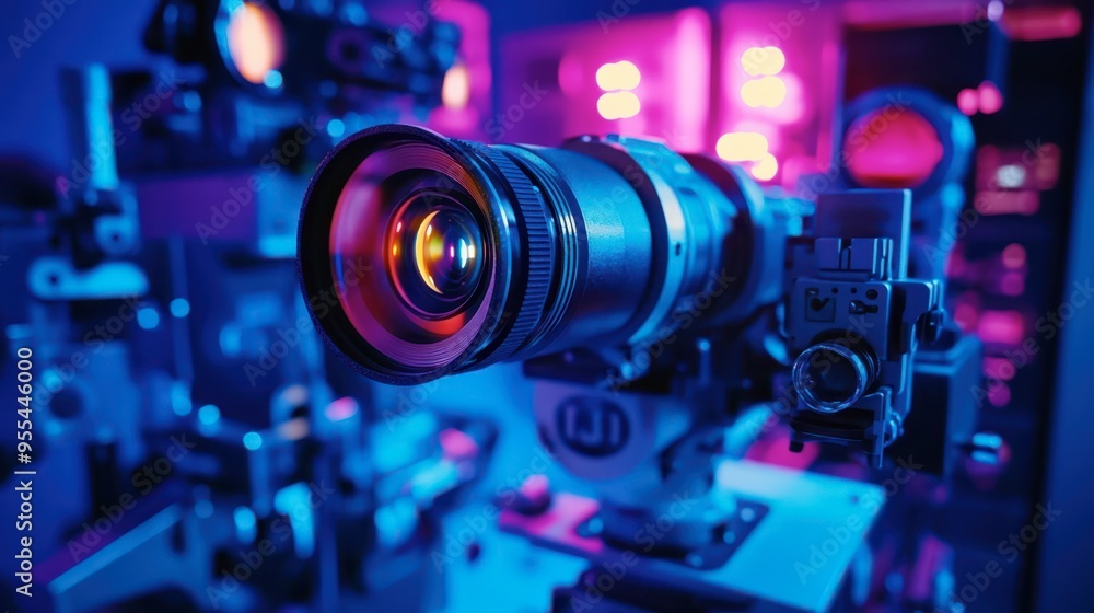 Camera lens with vibrant lighting in a modern studio environment Camera lens with vibrant lighting in a modern studio environment