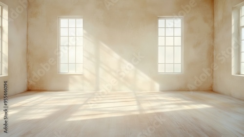 A large empty room with two windows and a white wall photo