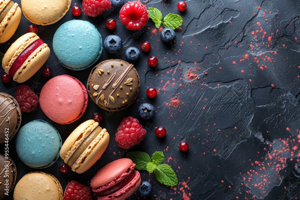A pair of colorful macarons filled with rich chocolate ganache, accompanied by fresh raspberries, presented on a slate background. A pair of colorful macarons filled with rich chocolate ganache, accompanied by fresh raspberries, presented on a slate background.