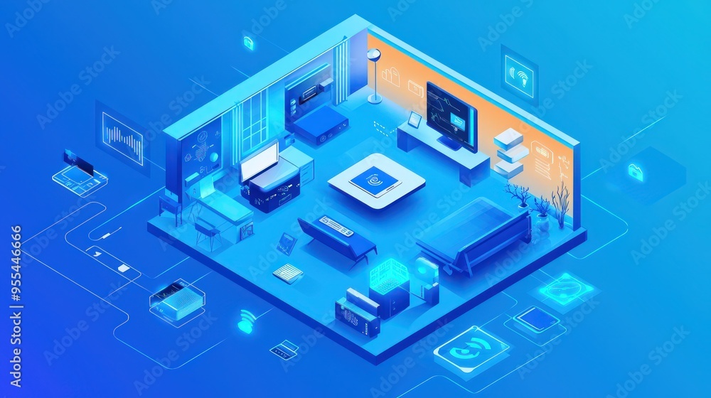 Isometric view of a smart home with connected devices and control hub. Isometric view of a smart home with connected devices and control hub.