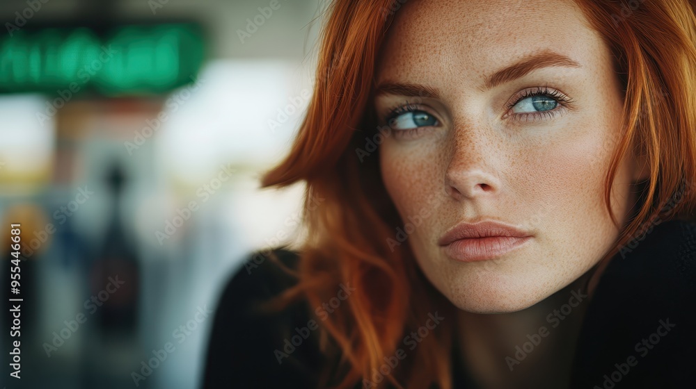 The reflective gaze of a freckled, red-haired woman in an urban environment, illustrating a moment of contemplation, dressed in black attire and bathed in natural light. The reflective gaze of a freckled, red-haired woman in an urban environment, illustrating a moment of contemplation, dressed in black attire and bathed in natural light.