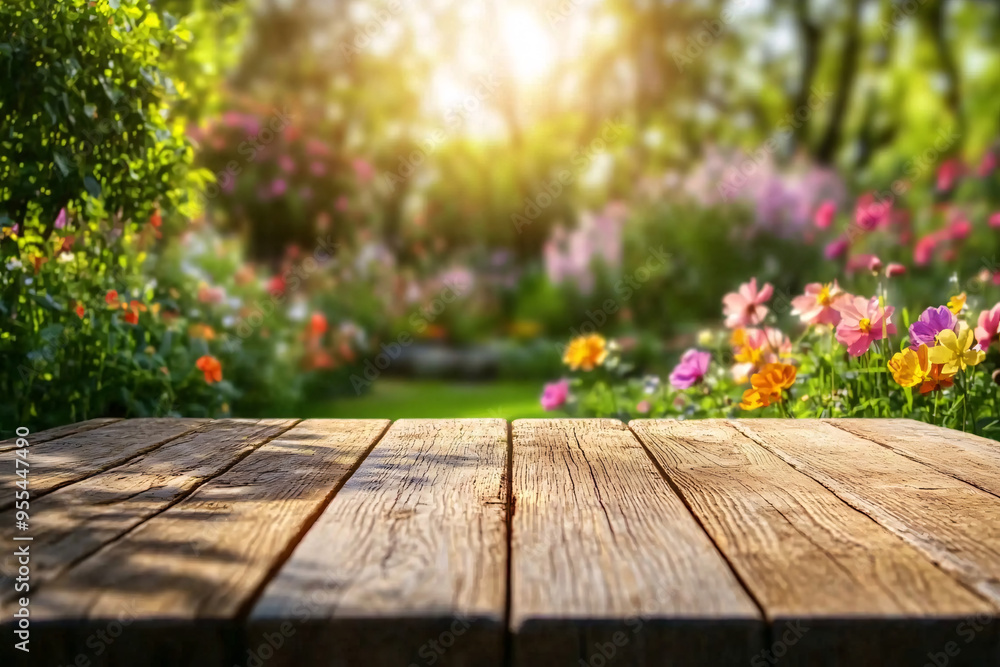 Wooden table surface in a vibrant garden with colorful flowers under warm sunlight creating a peaceful outdoor setting Wooden table surface in a vibrant garden with colorful flowers under warm sunlight creating a peaceful outdoor setting