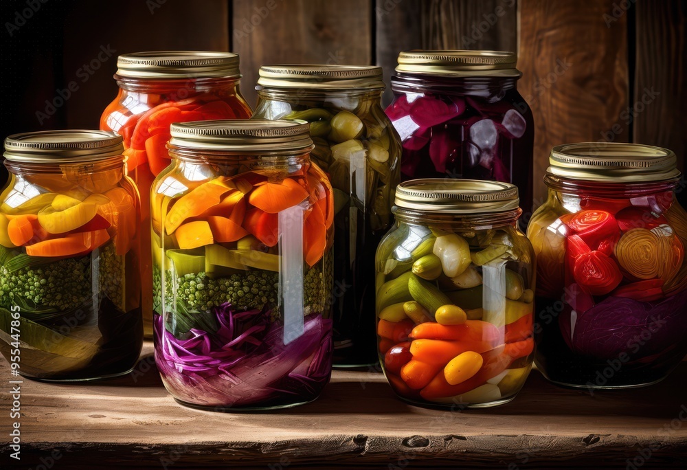 neatly arranged colorful jars vibrant pickled vegetables showcasing spectrum bright colors textures rustic setting, artisanal, condiments, cuisine neatly arranged colorful jars vibrant pickled vegetables showcasing spectrum bright colors textures rustic setting, artisanal, condiments, cuisine