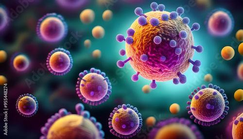 The image shows a close-up view of virus particles, with vibrant colors highlighting the intricate structure, representing the microscopic world of pathogens like the monkeypox virus.

 photo