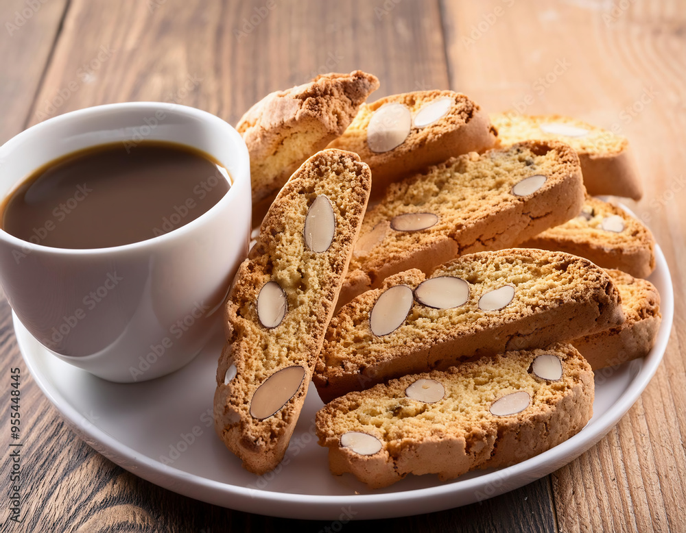 Italian cantuccini cookies with almonds and cup of coffee on wooden table Italian cantuccini cookies with almonds and cup of coffee on wooden table