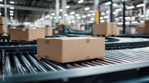 Logistics Center: Cardboard boxes on a conveyor belt in a modern distribution center.