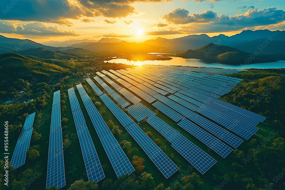 Solar panels at a solar farm at a hill on a sunny day. Solar panels at a solar farm at a hill on a sunny day.
