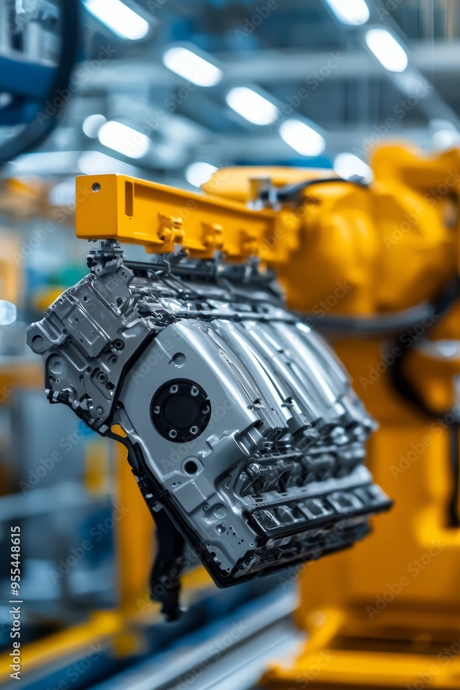 Close-up of a car engine being assembled on a production line, surrounded by high-tech equipment and industrial robotics Close-up of a car engine being assembled on a production line, surrounded by high-tech equipment and industrial robotics