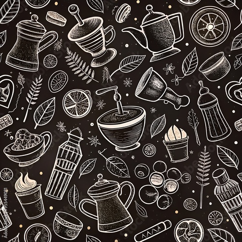 realistic coffee background with household items for making fragrant coffee circled with a white marker on a black background.