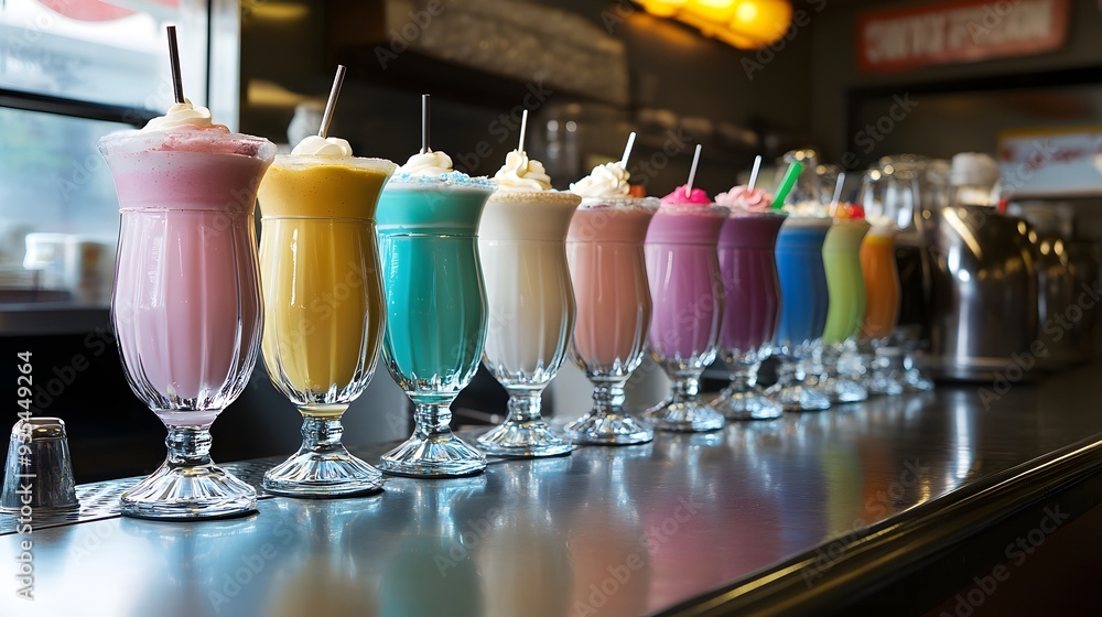 A diner counter filled with milkshake glasses in a variety of colors and flavors A diner counter filled with milkshake glasses in a variety of colors and flavors