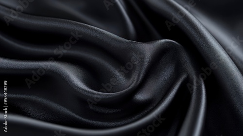 Close-up of a smooth, slightly reflective black fabric showcasing its texture and subtle lighting highlights, creating an elegant and sleek appearance.