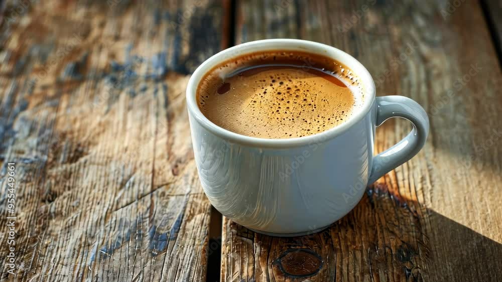 Enjoying a fresh cup of coffee on a rustic wooden table in the early morning light Enjoying a fresh cup of coffee on a rustic wooden table in the early morning light