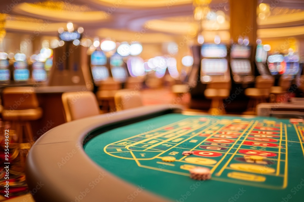 Fototapeta premium Vibrant Casino Floor: Roulette Table and Slot Machines in Luxurious Gaming Environment