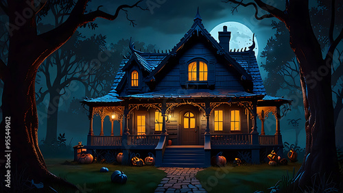 Halloween Spooky night House Full Moon Over Haunted Graveyard background photo