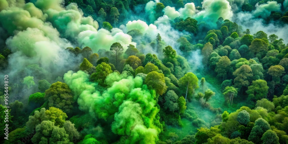 Aerial View of Green Smoke Exploding in a Forest, nature , forest , smoke , green , Aerial View of Green Smoke Exploding in a Forest, nature , forest , smoke , green ,