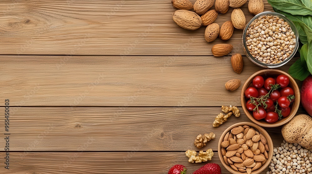 Fiber and prebiotic-rich foods like nuts, seeds, and fruits on a wooden table, rustic style, warm lighting Fiber and prebiotic-rich foods like nuts, seeds, and fruits on a wooden table, rustic style, warm lighting