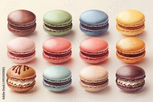 An assortment of artistic macarons featuring intricate patterns and vibrant colors, perfect for a gourmet experience.