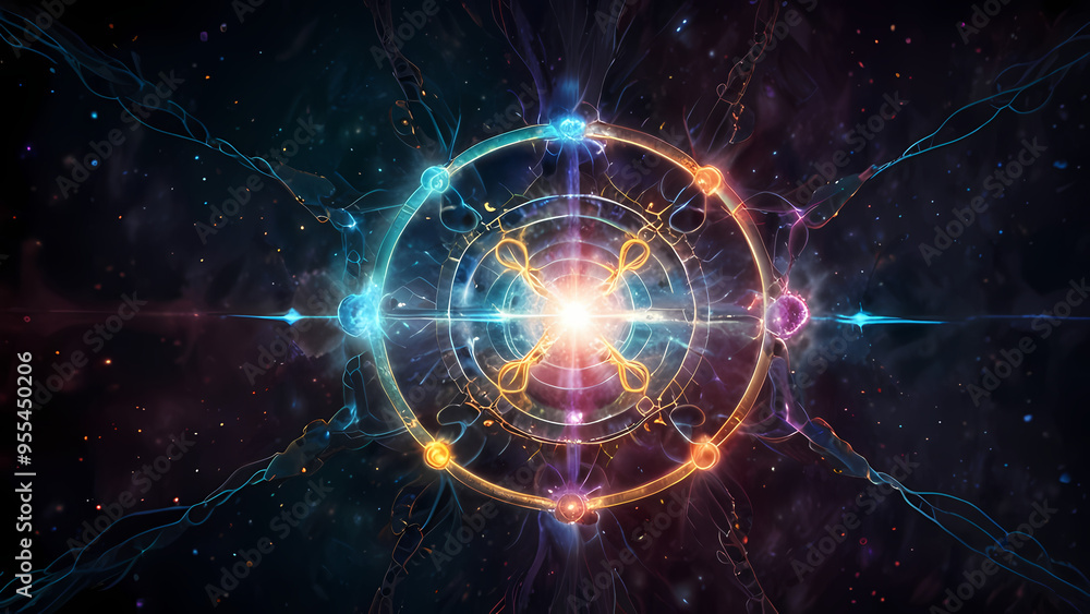 Obraz premium An abstract digital illustration representing positive and negative ions in a cosmic field, with vibrant electric arcs and glowing particles, creating a sense of energy flow and balance