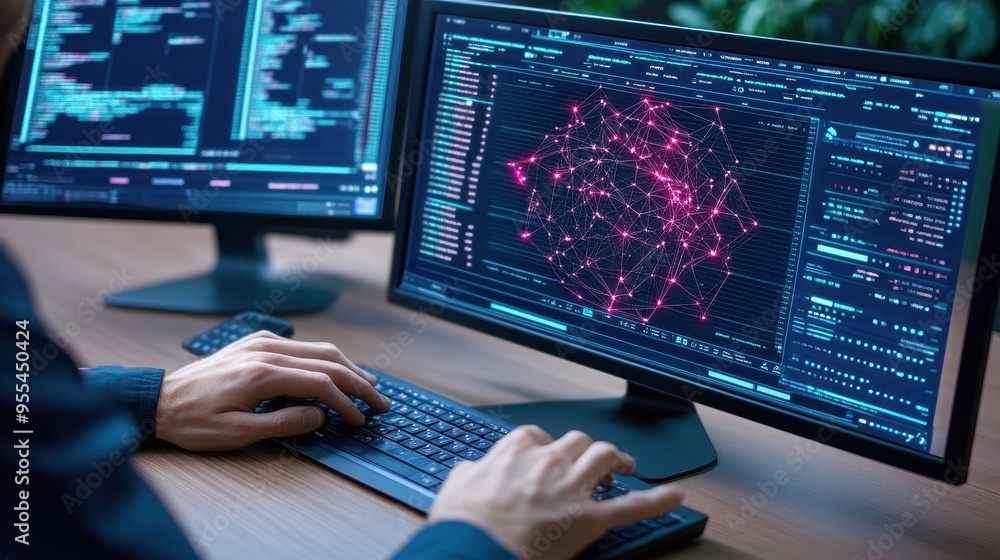 A programmer working on dual monitors, analyzing data visualizations and code in a modern tech environment. A programmer working on dual monitors, analyzing data visualizations and code in a modern tech environment.