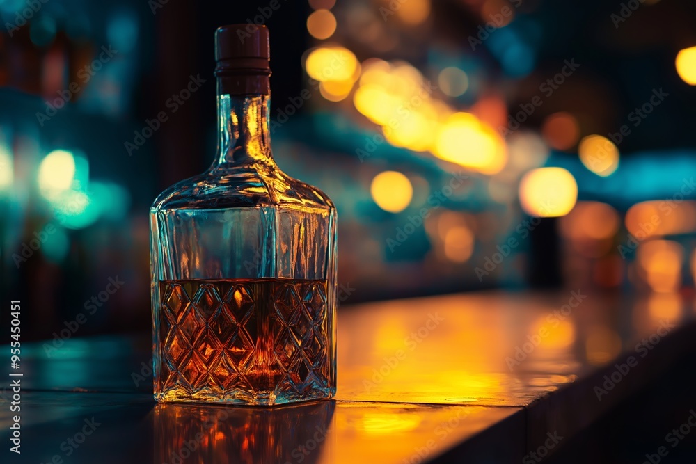 An intricately designed bottle of whiskey on a wooden bar counter illuminated by warm golden lights in a cozy ambiance. An intricately designed bottle of whiskey on a wooden bar counter illuminated by warm golden lights in a cozy ambiance.