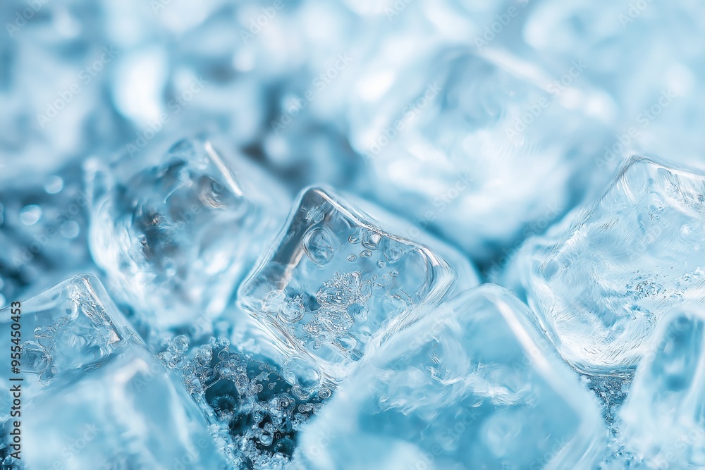 Close-up photo of multiple ice cubes, showcasing their transparent crystal structure with a light blue tint melting. Close-up photo of multiple ice cubes, showcasing their transparent crystal structure with a light blue tint melting.