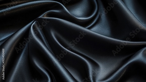 Close-up of a smooth, slightly reflective black fabric showcasing its texture and subtle lighting highlights, creating an elegant and sleek appearance.