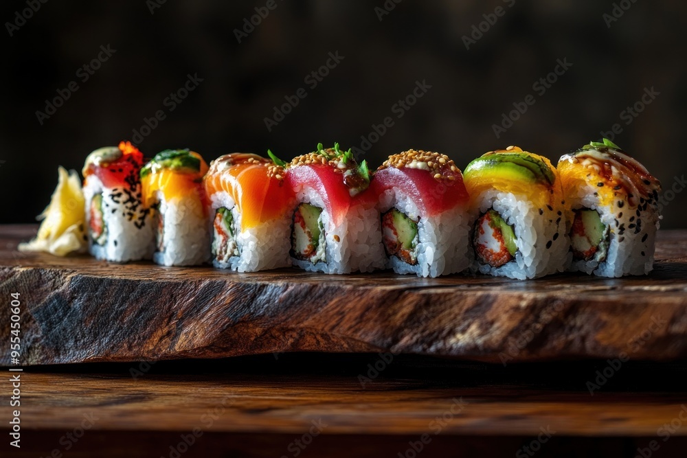 Rainbow Sushi Rolls on Wooden Platter Rainbow Sushi Rolls on Wooden Platter