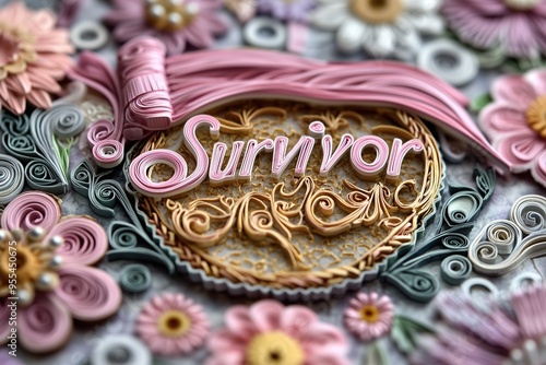 Empowering Quilled Survivor Badge with Pink Ribbon and Floral Patterns for Breast Cancer Awareness