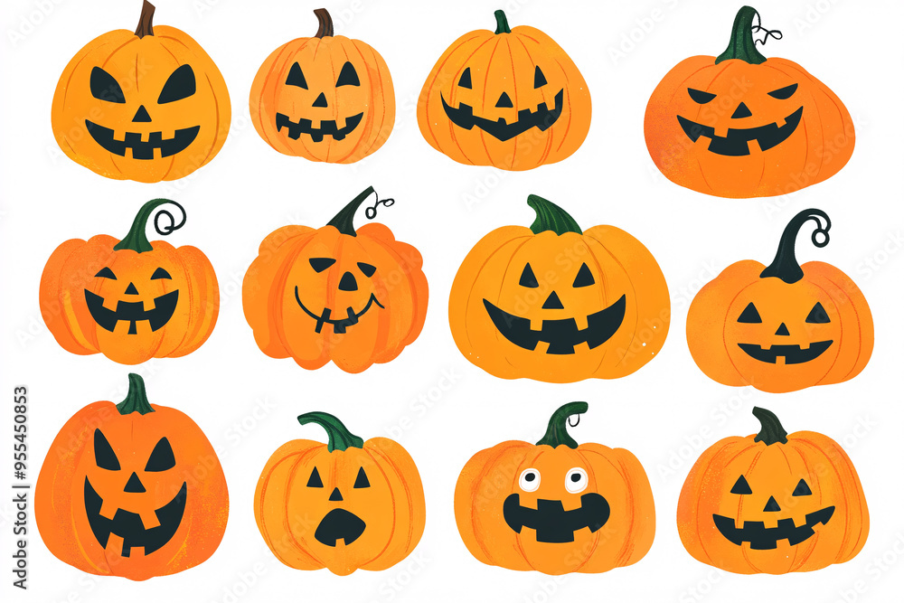 Collection of twelve cartoon pumpkins with various jack-o-lantern faces on a white background in a playful Halloween theme Collection of twelve cartoon pumpkins with various jack-o-lantern faces on a white background in a playful Halloween theme