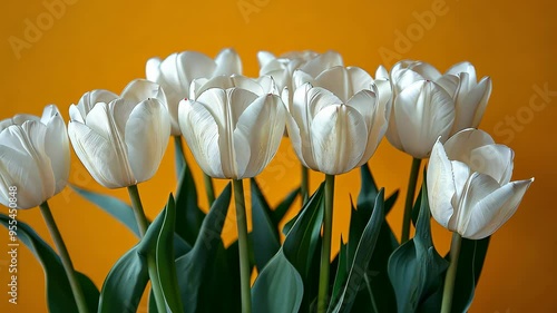 white tulips with green stems on an orange background