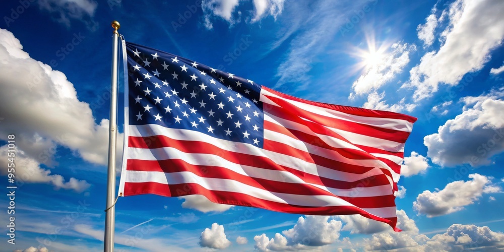 American Flag Waving in the Wind Against a Blue Sky with Clouds, American flag, patriotic, freedom, independence, USA flag, American Flag Waving in the Wind Against a Blue Sky with Clouds, American flag, patriotic, freedom, independence, USA flag,