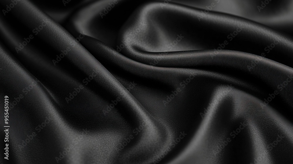 Close-up of a smooth, slightly reflective black fabric showcasing its texture and subtle lighting highlights, creating an elegant and sleek appearance. Close-up of a smooth, slightly reflective black fabric showcasing its texture and subtle lighting highlights, creating an elegant and sleek appearance.