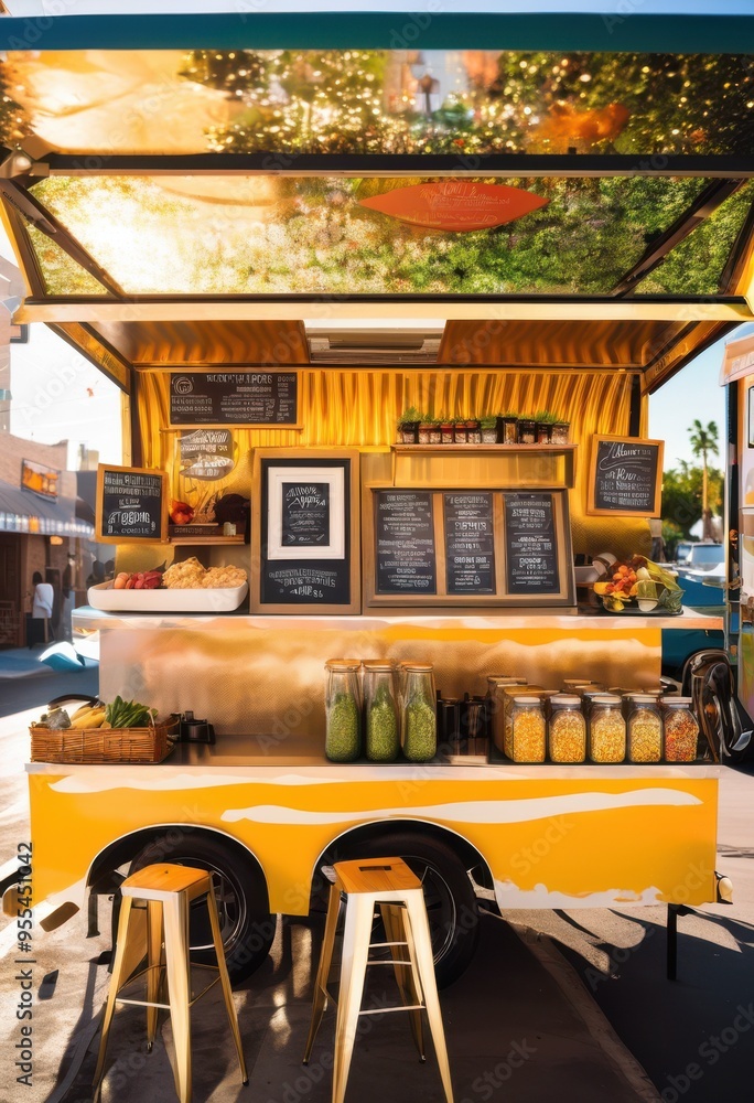 Fototapeta premium colorful food truck setup showcasing eye catching menu display bright colors unique design elements, signage, urban, outdoor, catering, cuisine, gourmet
