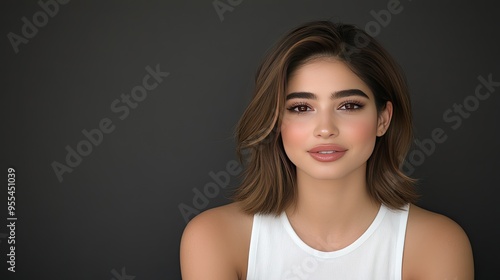 A young woman with straight brown hair smiles brightly at the camera, dressed in a white tank top, set against a smooth gray background, perfect for promotional content