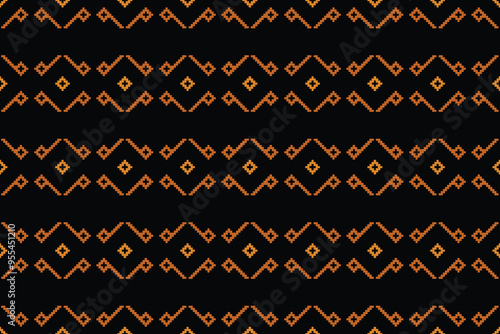 Traditional black ethnic motifs ikat geometric fabric pattern cross stitch.Ikat embroidery Ethnic oriental Pixel black background.Abstract,vector,illustration.Texture,decoration,wallpaper.