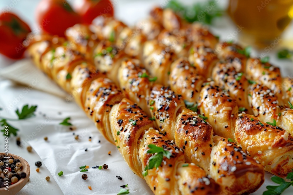 Delicious golden-brown puff pastry cheese twists sprinkled with sesame seeds and herbs, served on a white plate, perfect for a snack or appetizer. Delicious golden-brown puff pastry cheese twists sprinkled with sesame seeds and herbs, served on a white plate, perfect for a snack or appetizer.