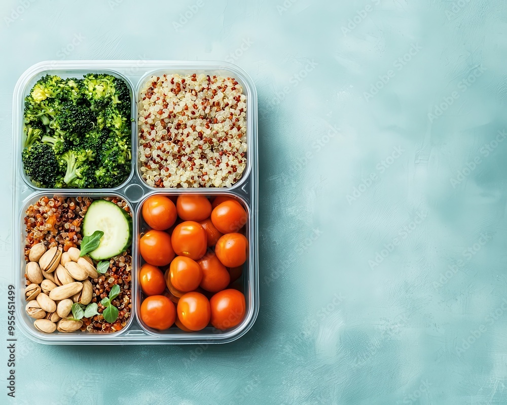 Fiber-rich meal prep with vegetables, quinoa, and nuts, top-down view, digital illustration, flat design Fiber-rich meal prep with vegetables, quinoa, and nuts, top-down view, digital illustration, flat design