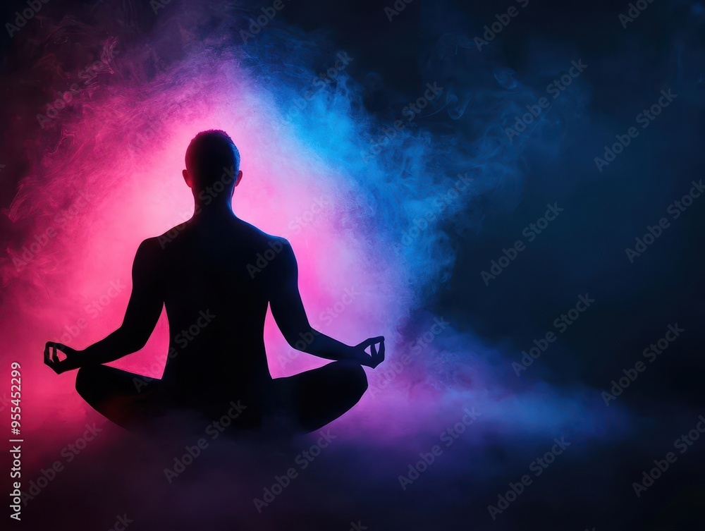 A person meditating with a glowing prebiotic aura around their body, surreal, light trails, glowing colors A person meditating with a glowing prebiotic aura around their body, surreal, light trails, glowing colors