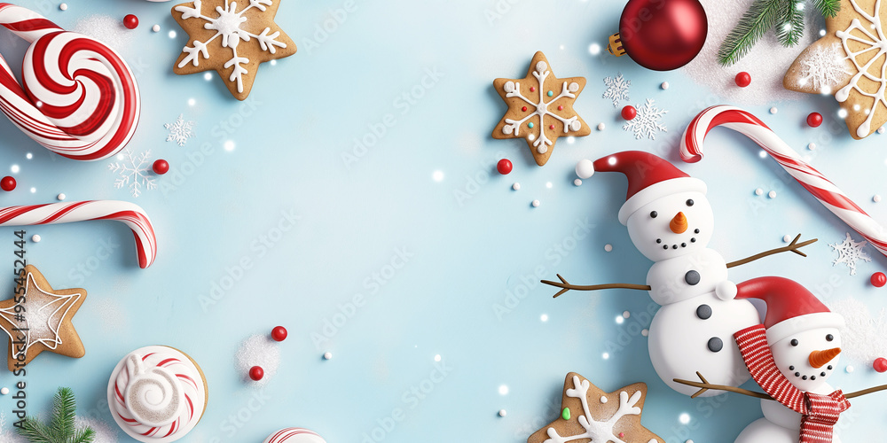 Cute Christmas background with snowmen doll, gingerbread, and candy canes, light blue abstract background
Cute Christmas background with snowmen doll, gingerbread, and candy canes, light blue abstract background